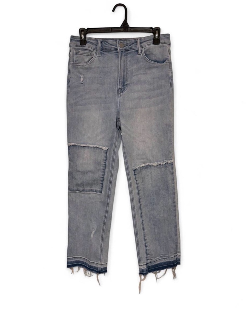 Risen High Rise Crop Slim Straight Knee Patch Jeans Raw Fray Hem - Size 9/28